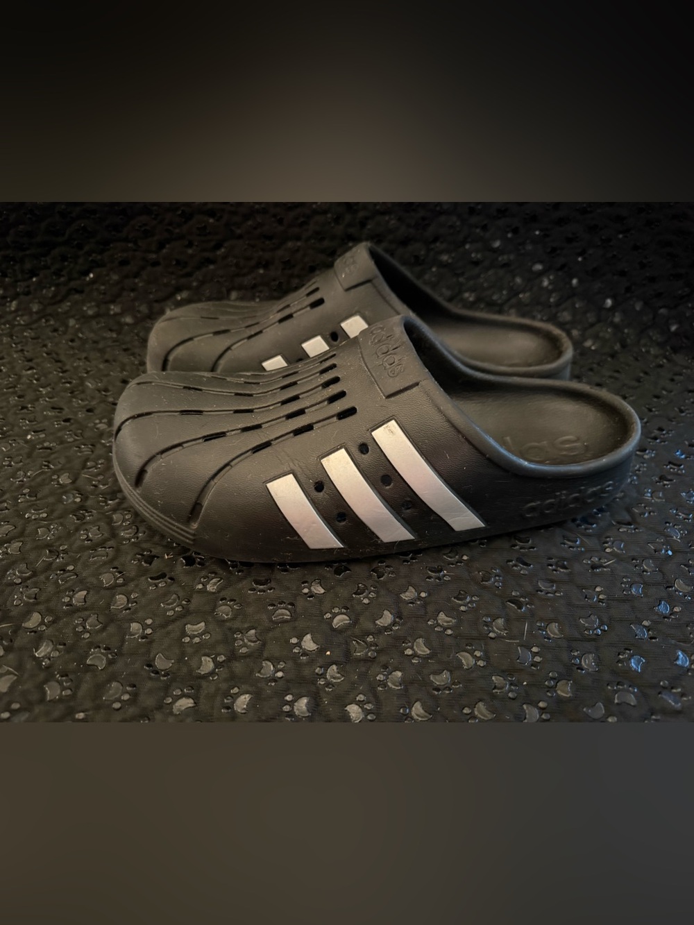 adidas Black Slip-On Clog Sandals with White Three-Stripes